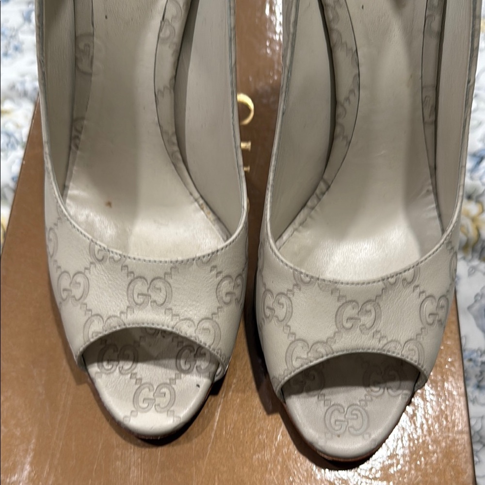 Gucci Cream Monogram Peep-Toe Heels - Picture 6 of 7